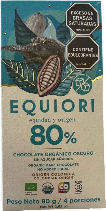 TABLETA CHOCOLATE ORGÁNICO 80% LIBRE DE AZÚCAR, Equiori x 80 g.