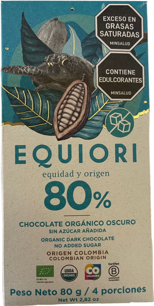 TABLETA CHOCOLATE ORGÁNICO 80% LIBRE DE AZÚCAR, Equiori x 80 g.