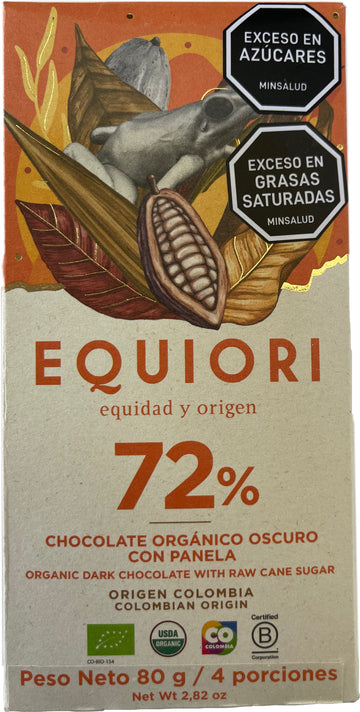 TABLETA CHOCOLATE 72% CON PANELA ORGÁNICA, Equiori x 80 g.