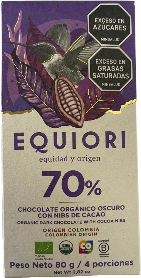 TABLETA CHOCOLATE 70% CON NIBS DE CACAO, Equiori x 83 g.