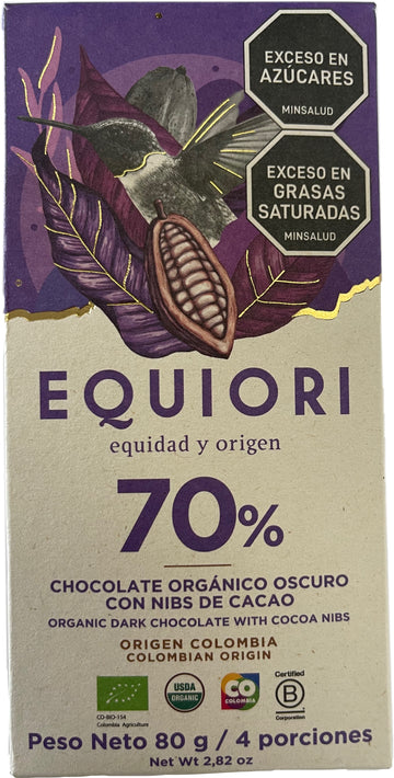 TABLETA CHOCOLATE 70% CON NIBS DE CACAO, Equiori x 83 g.