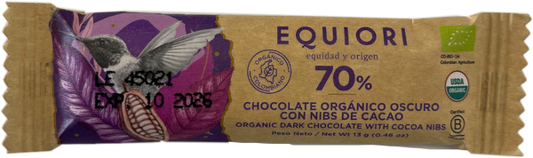 BARRA DE CHOCOLATE 70% CON NIBS DE CACAO, Equiori x 13 g.