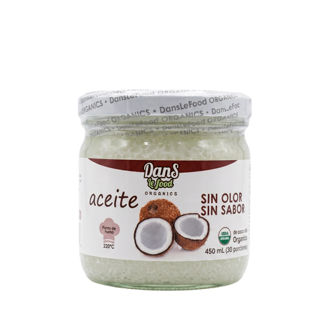 ACEITE VIRGEN DE COCO ORGÁNICO, SIN OLOR NI SABOR, DansLeFood x 450 ml