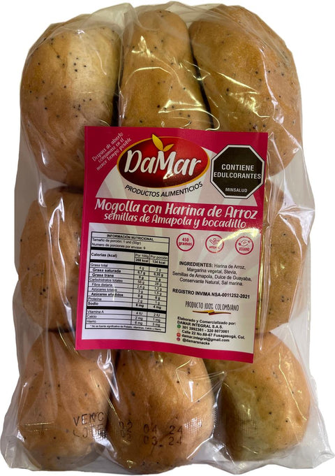 MOGOLLA DE HARINA DE ARROZ, AMAPOLA Y BOCADILLO, Damar x 9 Unds.