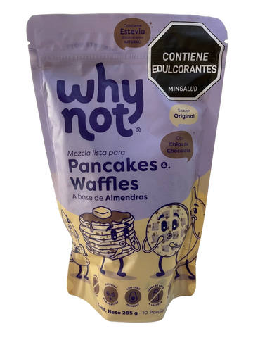 MEZCLA PARA PANCAKES Y WAFFLES A BASE DE ALMENDRAS, Sabor Original con chips de chocolate Why Not x 285 g.