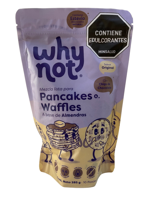MEZCLA PARA PANCAKES Y WAFFLES A BASE DE ALMENDRAS, Sabor Original con chips de chocolate Why Not x 285 g.
