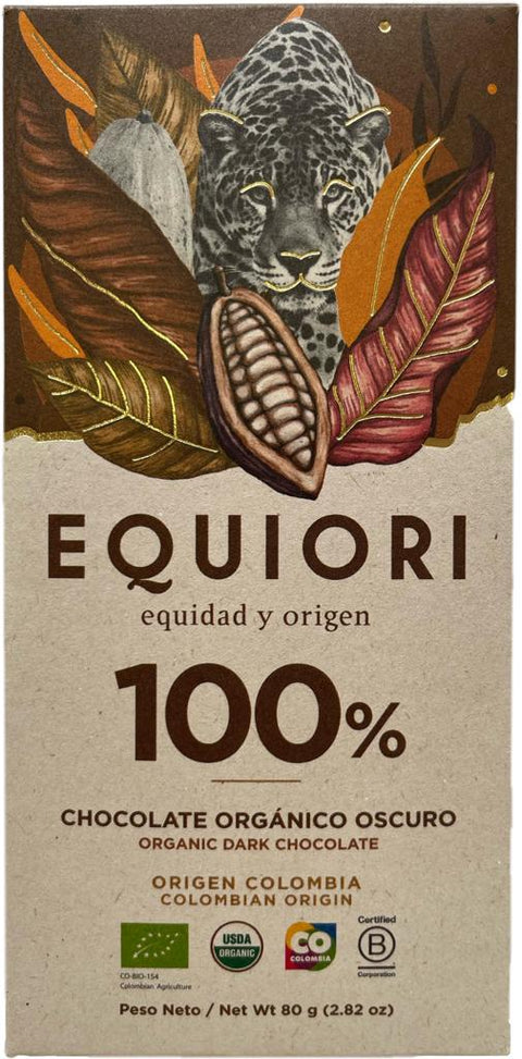 TABLETA CHOCOLATE ORGÁNICO 100% CACAO, SIN AZÚCAR, Equiori x 80 g.