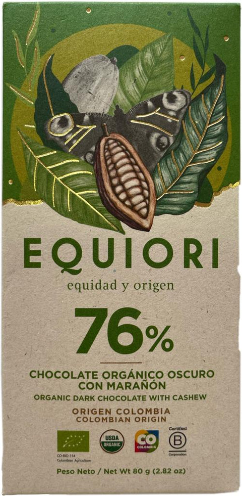 TABLETA CHOCOLATE ORGÁNICO CON MARAÑÓN 76% CACAO, Equiori x 80 g.