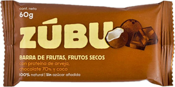 BARRA DE PROTEÍNA ZÚBU, Chocolate 70% y Coco x 60 g.