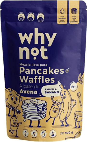 MEZCLA PARA PANCAKES Y WAFFLES A BASE DE AVENA SIN GLUTEN, Sabor a Banano Why Not x 300 g.