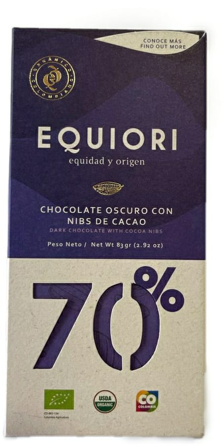TABLETA CHOCOLATE 70% CON NIBS DE CACAO, Equiori x 83 g.