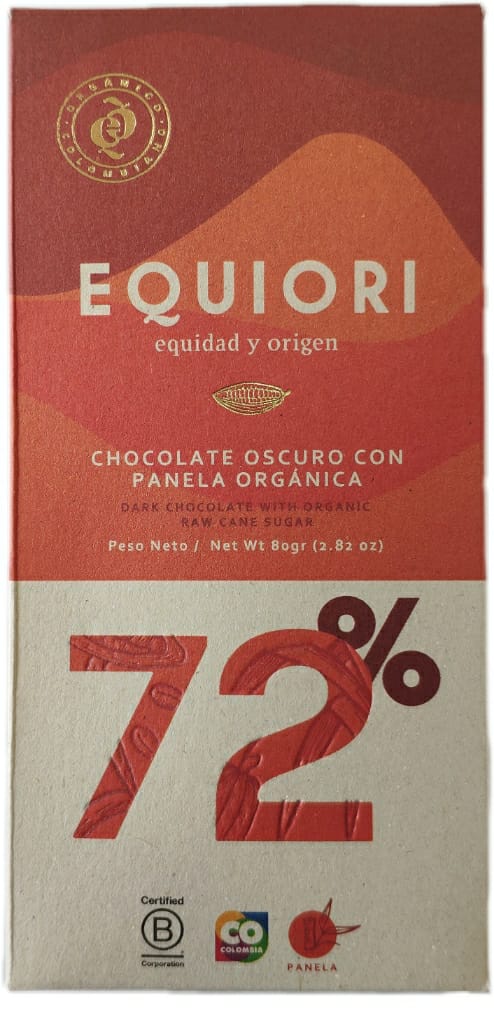 TABLETA CHOCOLATE 72% CON PANELA ORGÁNICA, Equiori x 80 g.