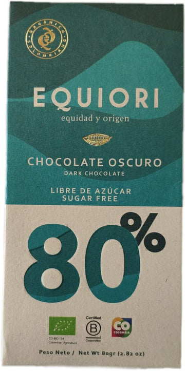 TABLETA CHOCOLATE ORGÁNICO 80% LIBRE DE AZÚCAR, Equiori x 80 g.