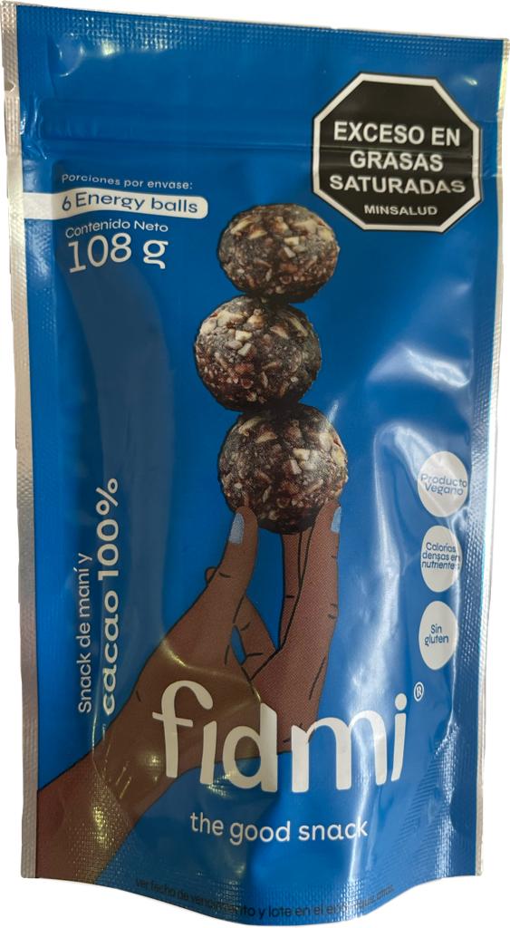 SNACK DE PROTEÍNA VEGETAL con maní y cacao 100%, Fidmi x 108 g.