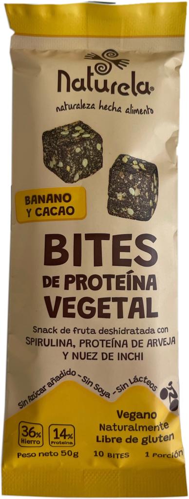 SNACK DE PROTEÍNA VEGETAL con Banano y Cacao, Naturela x 50 g.